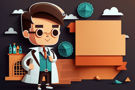 Kid Doctor is standing in a Lab with copy space banner, Generative AIの素材