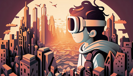 Paper Cut Style poster for Metaverse Virtual reality concept, Generative AI.の素材