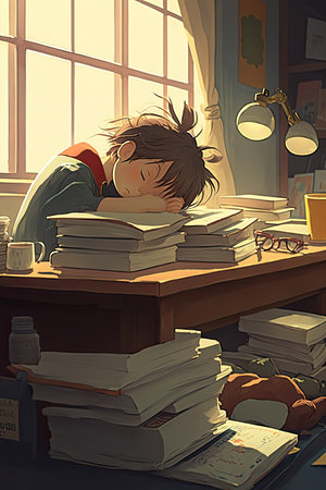 Kid is sleeping on a desk full of book after an exhausted boredom from studying, Generative aiの素材