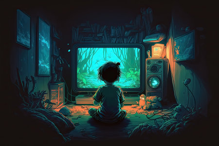 Boy sitting in a dark room with computer game on TV, Addictive to Game concept, Generative AIの素材