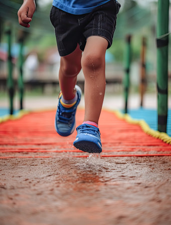 Healthy kid feet is running on a playground, Generative AIの素材
