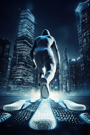 Man walking in a Neon futuristic city in science fiction world Metaverse, Generative AIの素材