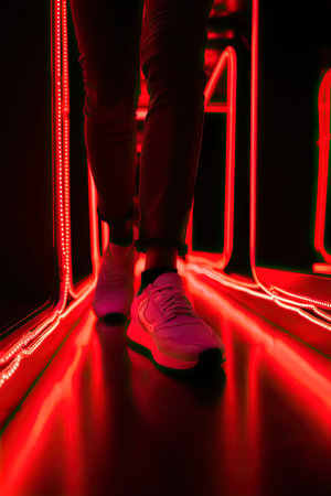 Sneaker walking on neon floor light futuristic concept, Generative AIの素材