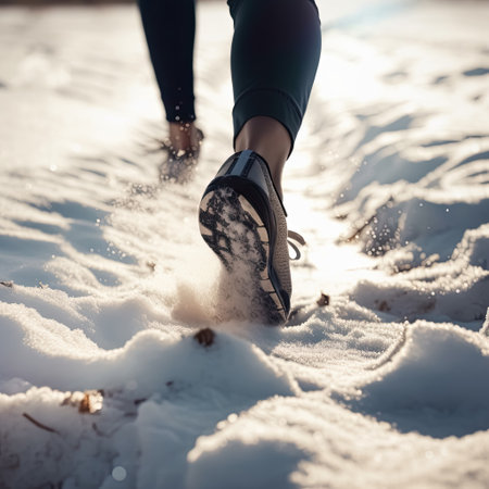 Sneaker Feet running on thick snow for winter exercise concept, Generative AIの素材