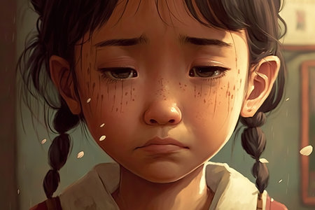 Small girl is crying with sadness tear coming out, Generative aIの素材