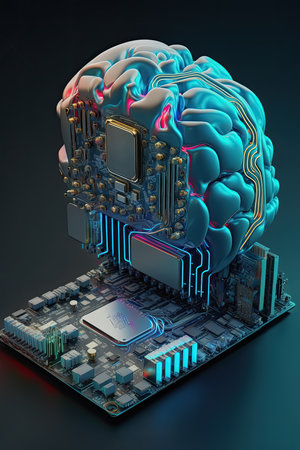Electronics AI brain Connecting human brain to computer mother board, Robot intelligence concept, Generative AIの素材