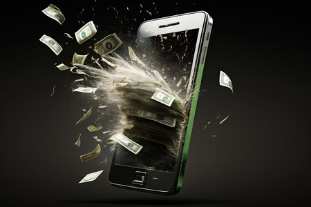 Money Flowing out of Smartphone for Financial profit and trading application, Generative AI