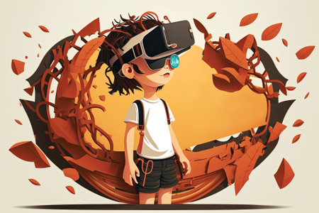 Kid wearing VR headset walking in a virtual gaming world for Futuristic Metaverse concept, Generative AIの素材