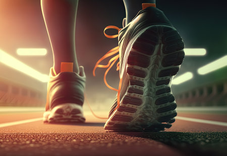 Sport person foot on a running track ready for active exercise and Starting concept, Generative AIの素材