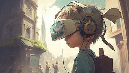 Kid wearing VR headset traveling in an ancient adventure world for Metaverse concept, Generative AIの素材