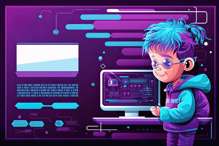 Small kid Hacker Programmer on a computer for, children coding class Banner, Poster, Generative AIの素材