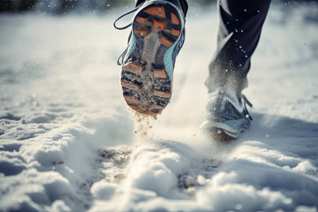 Sneaker Feet running on thick snow for winter exercise concept, Generative AIの素材