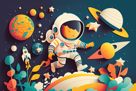 Kid in Astronaut space suit floating in space with Paper Cut Art work for poster, Generative AI.の素材