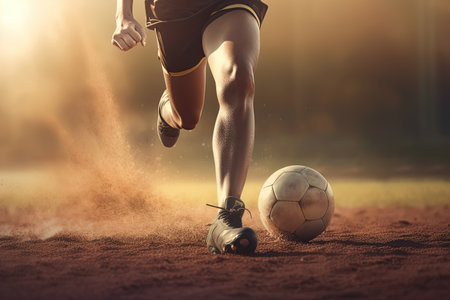 Feet with soccer boot running on soccer field, Generative AIの素材