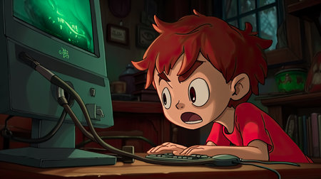 Surprised kid is playing game on computer in his room, Generative AIの素材