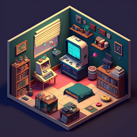 Gaming room 3D isometric with furniture, Generative aIの素材