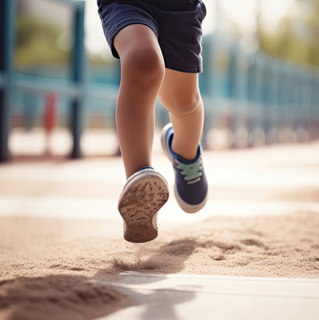 Healthy kid feet is running on a playground, Generative AIの素材