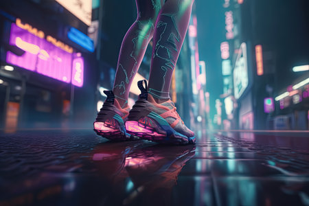 Man walking in a Neon futuristic city in science fiction world Metaverse, Generative AIの素材