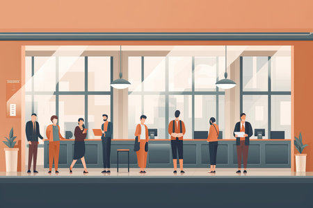 People in long line at the Bank office counter, Generative AIの素材