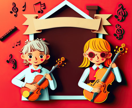 Children Playing music in Music School Paper cut Banner, Poster, Generative AIの素材