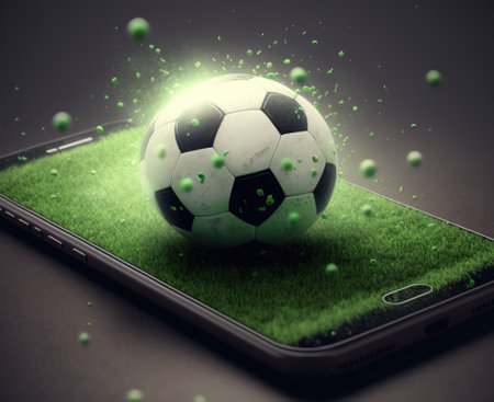 Smartphone with Golden football for Sport online Betting application and live sport streaming concept , Generative AIの素材