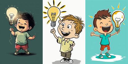 Happy Boy Holdings Light bulb for creativity and idea concept, illustration set, Generative AIの素材