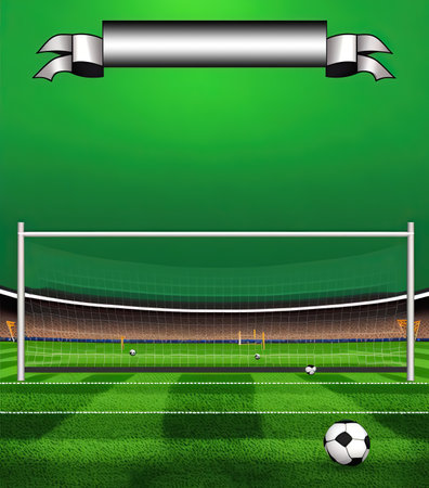 Soccer Goal on a green grass turf field with Banner . generative AIの素材