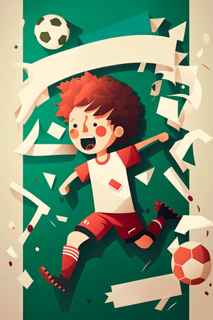 Boy kicking soccer ball soccer and banner for football academy concept, Generative AI.の素材