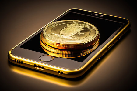 Mobile Phone with gold coin for Modern Financial Concept, FIN tech, Generative AIの素材