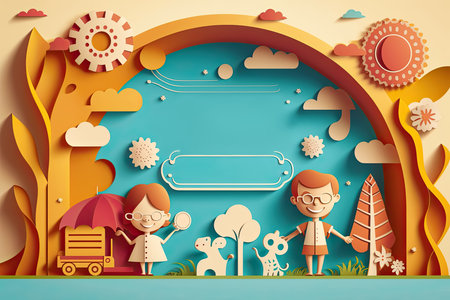 Children playground banner in paper cut style for Kid adventure concept, Generative AI.の素材