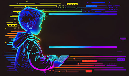 Children Coding Education Computer programming Neon color Banner and Poster with copy space, Generative AIの素材