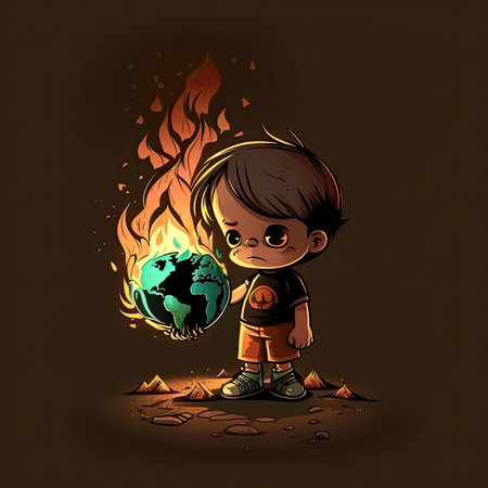 Boy Holding a Burning Earth for Environmental and Global warming concept. Generative AI.の素材