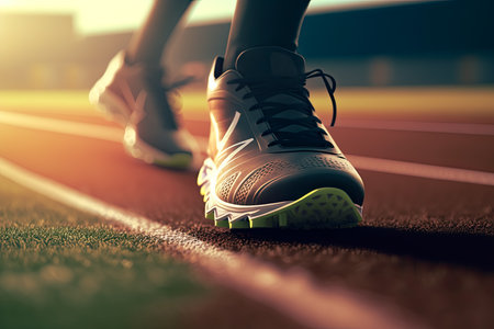 Sport person foot on a running track ready for active exercise and Starting concept, Generative AIの素材