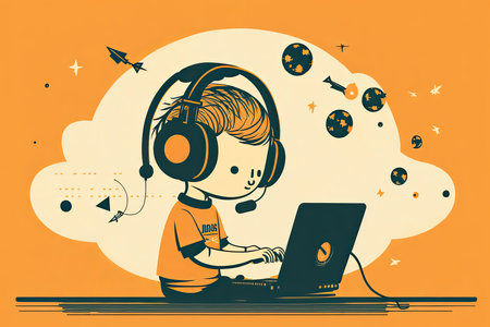 Kid is using computer to learn about space and coding creativity, yellow tone illustration, Generative AIの素材