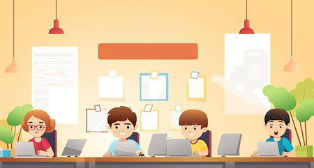 Office worker and Students sitting in front of Computer in co working space, Generative AIの素材