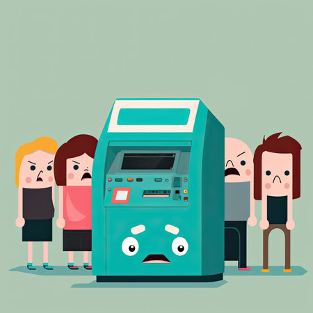Angry People standing around a malfunction ATM cannot get money out, Bank Run concept, Generative AIの素材