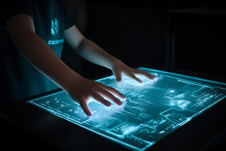 A child is using Touch Screen Hologram Display to make creative technology works, Generative AIの素材