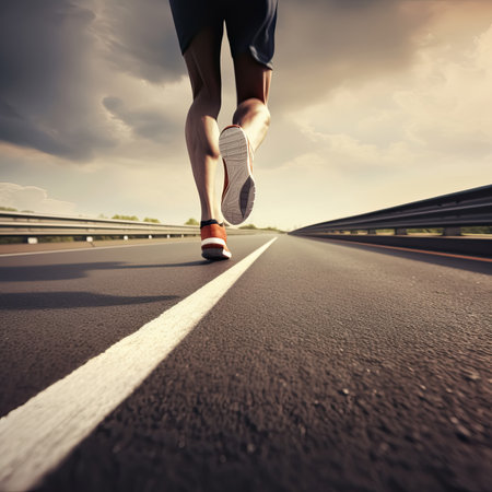 Marathon runner feet running on the highway, Generative AIの素材