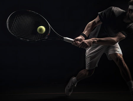 Tennis player is hitting tennis ball hard with Racket studio shot dark tone, Generative AIの素材