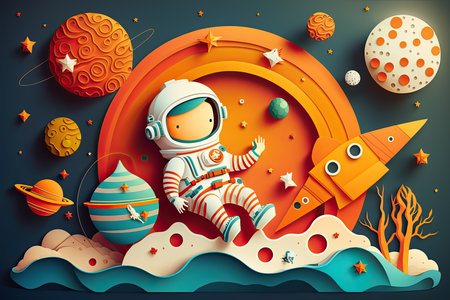 Kid in Astronaut space suit floating in space with Paper Cut Art work for poster, Generative AI.の素材