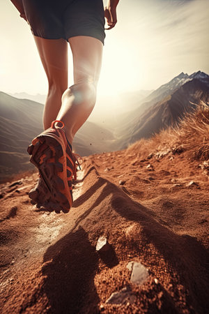 Sport Hiker hiking and trekking on a mountain dirt, Generative AIの素材