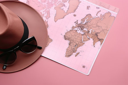 Travel Flatlay accessories pink topview with sunglasses hat and map, for holidays vacation summer concept, Generative AIの素材