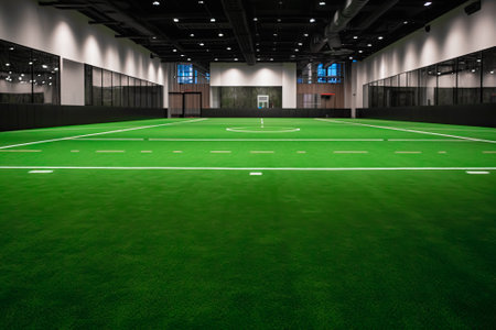 Empty grass sport field indoor cafe for sport soccer and tennis training, Generative AIの素材