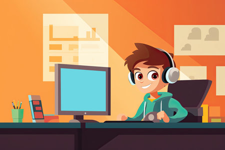 Kid coding Banner educational poster with copy space, Generative AIの素材