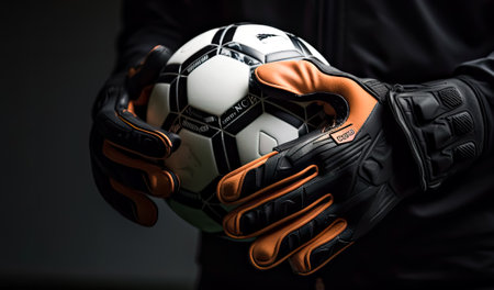 Goalkeeper Hands holding Soccerball closed up shot, Generative AIの素材