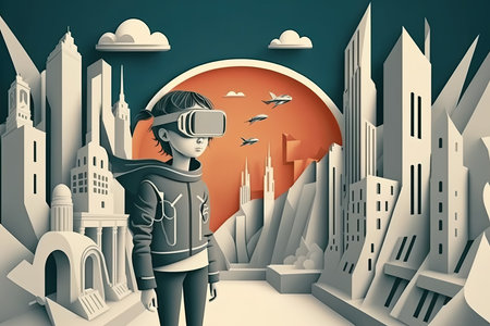 Paper Cut Style poster for Metaverse Virtual reality concept, Generative AI.の素材