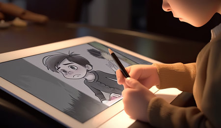 Little boy is drawing and paint characters on a digital tablet with pencil, Generative Aiの素材