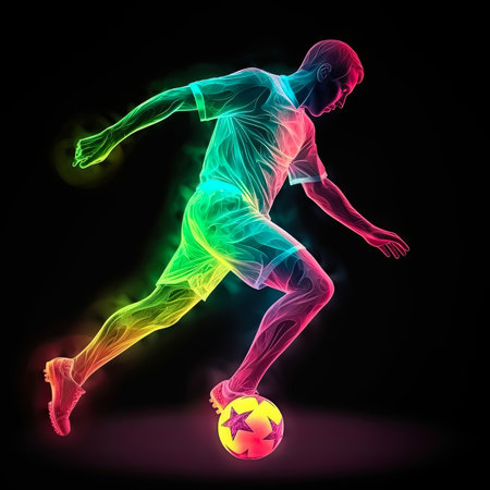 Soccer Player Hologram Neon athlete kicking soccer ball closed up shot, Generative AIの素材