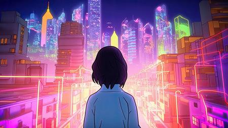 A Girl is standing in front of a Neon Futuristic City for Metavesre technology concept, Generative AIの素材