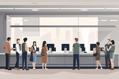 People in long line at the Bank office counter, Generative AIの素材